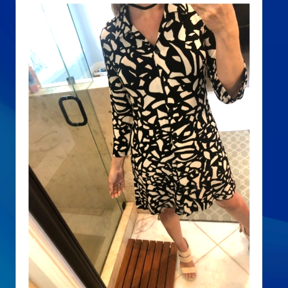 Chico's Travelers (Size 2/L/12) Black Print Button Down Non-Wrinkle Slinky Dress